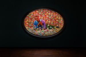Kehinde Wiley, _Christian Martyr Tarcisius (El Hadji Malick Gueye)_ (2022). Oil on canvas. 184.5 x 273.7 cm. Exhibition view: _An Archaeology of Silence_, de Young Museum, San Francisco (18 March–15 October 2023). ©️ 2022 Kehinde Wiley. Courtesy the artist and Templon. Photo: Ugo Carmeni.
